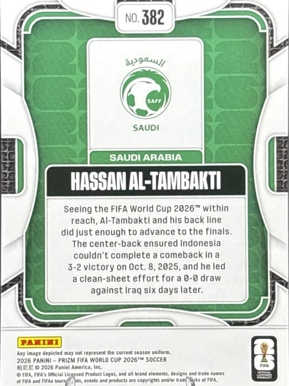 Panini Prizm Hassan Al-Tambakti Rookie Soccer Trading Card